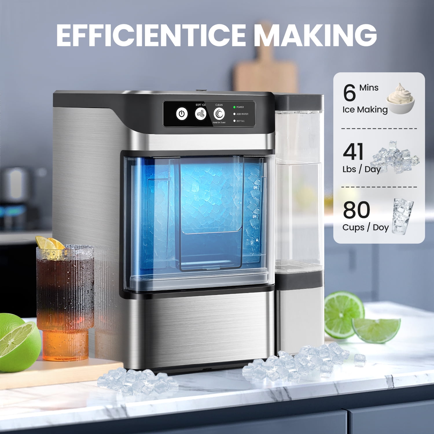 THLAND Chewable Crunchable Countertop Nugget Ice Maker with 0.793 Gallon Tank，Large Capacity Ice Makers Countertop,41Lbs/24H, Self-Cleaning, One-Click Operation, Stainless Steel Silver