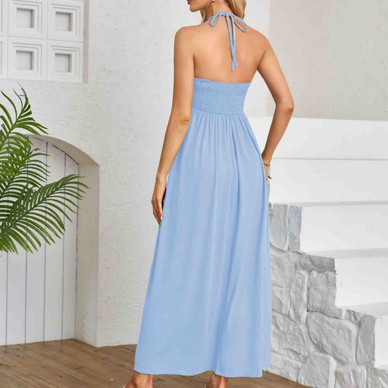 SMihono Women's Summer Loose Plain Beach Party Long Dresses V Neck  Adjustable Spaghetti Straps Maxi Dress Light Blue 6 - Walmart.com