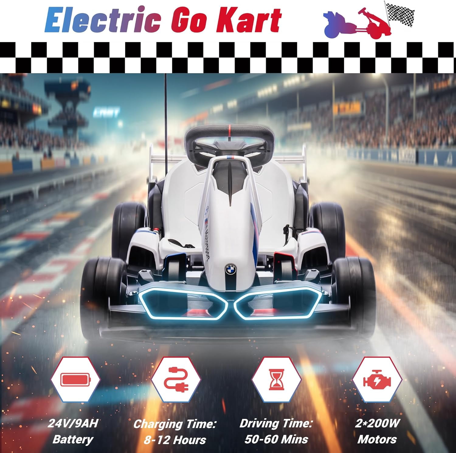 Licensed BMW Kids Electric Go Kart with Drift Mode, Dual 300W Motors, 36V Battery, Adjustable Seat & LED Lights, Akaber 2-Speed Drift Kart for Ages 6-12
