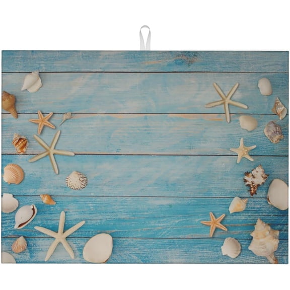 Seashells Starfish On Blue Wood Absorbent Microfiber Xl Dish Drying Mat For Kitchen Countertop Extra Large Reversible Drainer Rack Pad 18 X 24 Inch