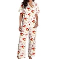 thumbnail image 3 of Womens Christmas Pajamas Set Satin Short Sleeve Button Down Shirts Casual Pants Two Piece Outfits Cozy Loungewear Nightwear Sleepwear Red L, 3 of 7