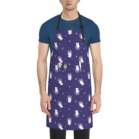 

Qekee Astronaut Rabbit Print Waterproof Apron with Pockets Adjustable Cooking Aprons Kitchen Bib for Baking Household Cleaning