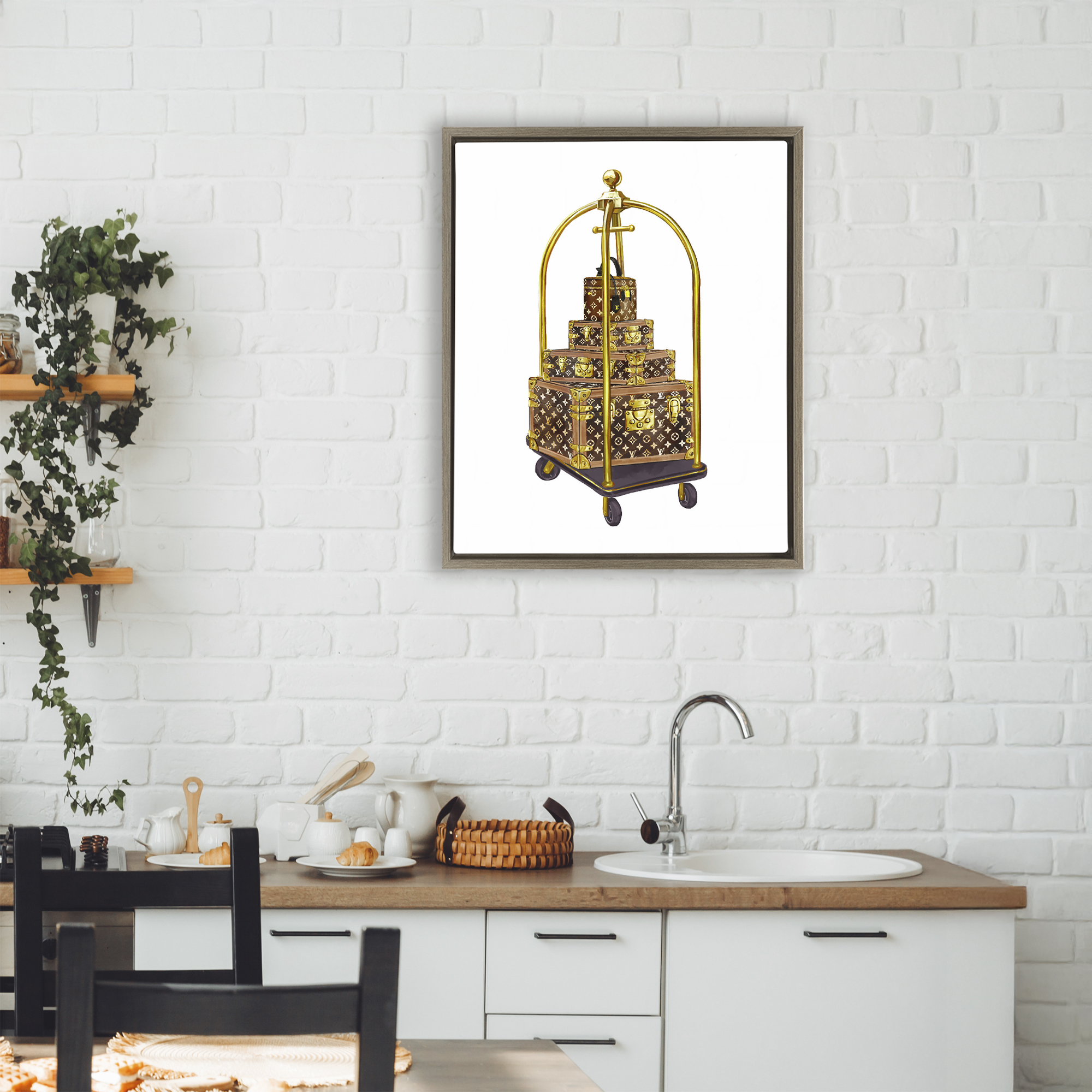 Glam Hotel Luggage Brown Framed Floater Canvas Wall Art, design by Ziwei Li