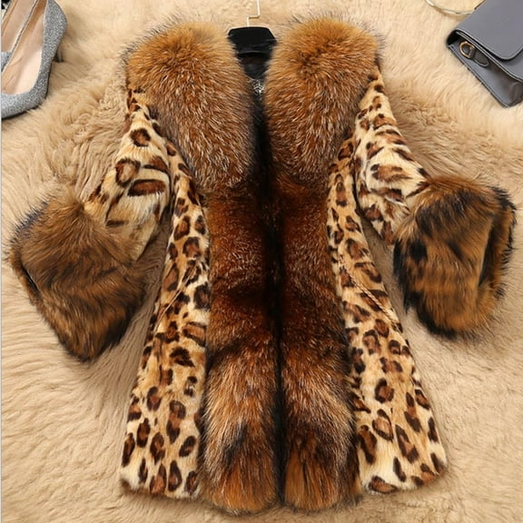 Ofreoo Winter Coats for Women Faux Fur Collar Classic Leopard Medium Long Jacket,Holiday,Wedding,Party Christmas Gift
