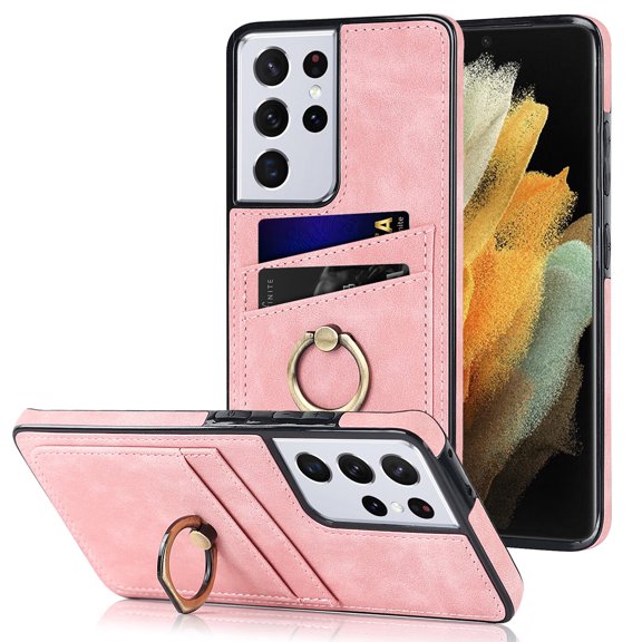 for Samsung Galaxy S21 Ultra 6.8" 2021 Case, PU Leather Case with Card Slot & Ring Kickstand Heavy Duty Shockproof Full Body Protective Case for Samsung S21 Ultra Women Men, Pink