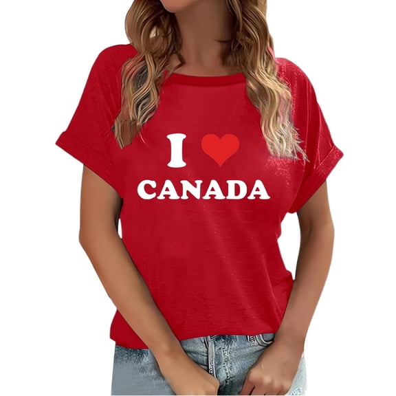 Alun I Love Canada T-Shirts for Women Summer Crew Neck Short Sleeve Casual Graphic Tees Lightweight Soft Comfortable for Canada's National Day Wear Red XL
