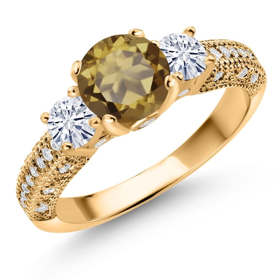 Gem Stone King 18K Yellow Gold Plated Silver Whiskey Quartz and White Moissanite Engagement Ring for Women (1.79 Cttw, Gemstone, Round 7MM and 4MM, Size 5)