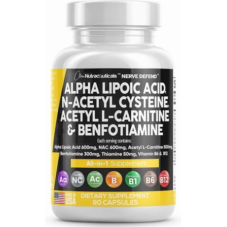 Alpha Lipoic Acid 600mg N-Acetyl Cysteine 600mg Acetyl L-Carnitine 500mg Benfotiamine 300mg - Nerve Support Supplement for Women and Men with Vitamin B1 B6 & B12 - Made in USA 90 Caps