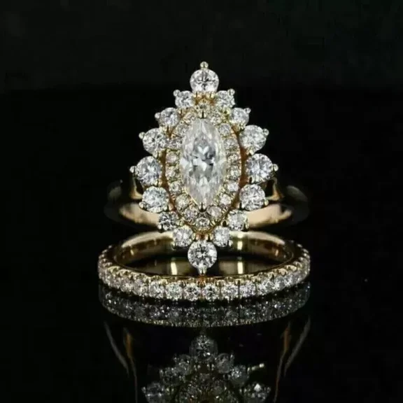 3Ct Marquise Lab-Created Diamond 14K Yellow Gold Plated Bridal Set Ring