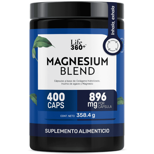 suplemento alimenticio life 360+ magnesium mix 400 cápsulas magnesium complex 400 cápsulas tarro plástico frontal negro con etiqueta azul y blanca, texto 'MAGNESIUM BLEND', logotipo Life 360+, marca '400 CAPS' y '896 mg por cápsula', hojas verdes impresas; composición: citrato, glicinato, gluconato y óxido de magnesio con sábila; vista centrada, frontal, primer plano. No es un medicamento; no usar en menores de 18 años. También suele emplearse para organizar cápsulas en viajes.