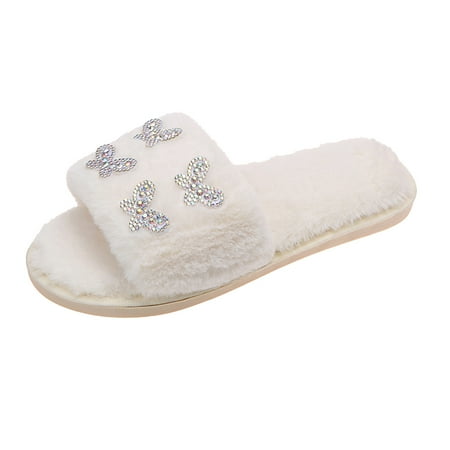 

WANYNG Ladies Fashion Rhinestone Butterfly Decorative Open Toe Comfort Flat Cotton Slippers Womens Slipper Booties Indoor Size 11 Fuzzy Womens Slipper Socks