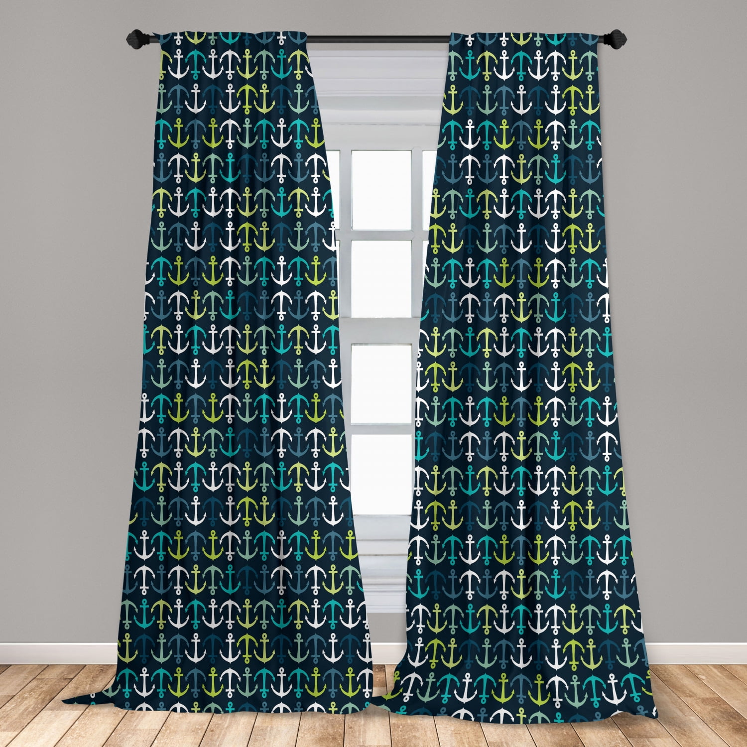 Anchor Curtains 2 Panels Set, Aquatic Maritime Pattern with up and down