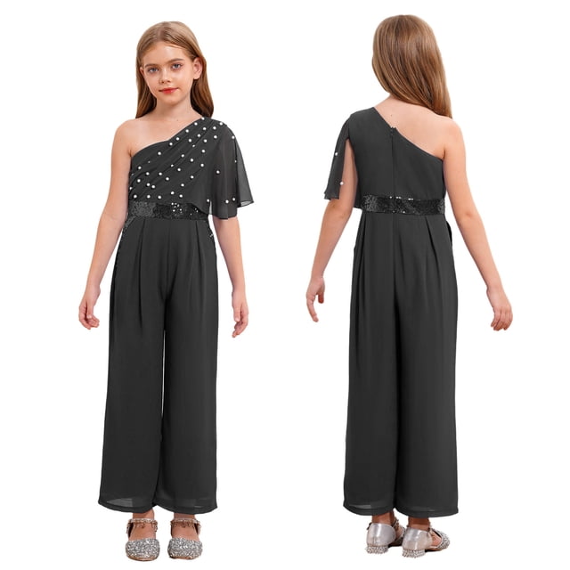 Linjinx Kids Girls Wide Leg Flared Rompers One Shoulder Ruffle Jumpsuit Wedding Pageant Gown Overalls Black 14