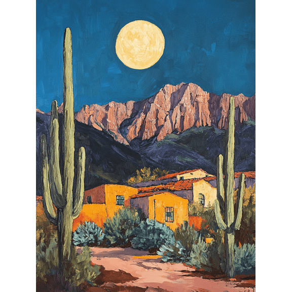 Desert Cactus and Moon Landscape Painting/Canvas Art， Suitable for Living Room，Office， Hallway， and Dining Room Decoration.