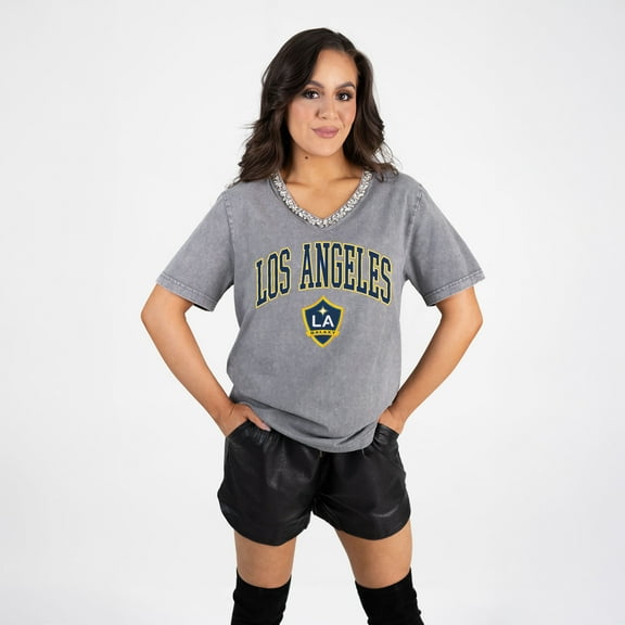 Women's Gameday Couture  Gray LA Galaxy Relaxed Iconic Edge Rhinestone V-Neck T-Shirt