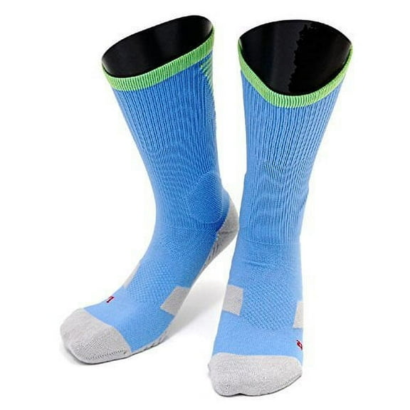 Lovely Annie Women's 1 Pair High Crew Athletic Sports Socks Size M XL0028-01(Sky Blue w/ Green Strip)
