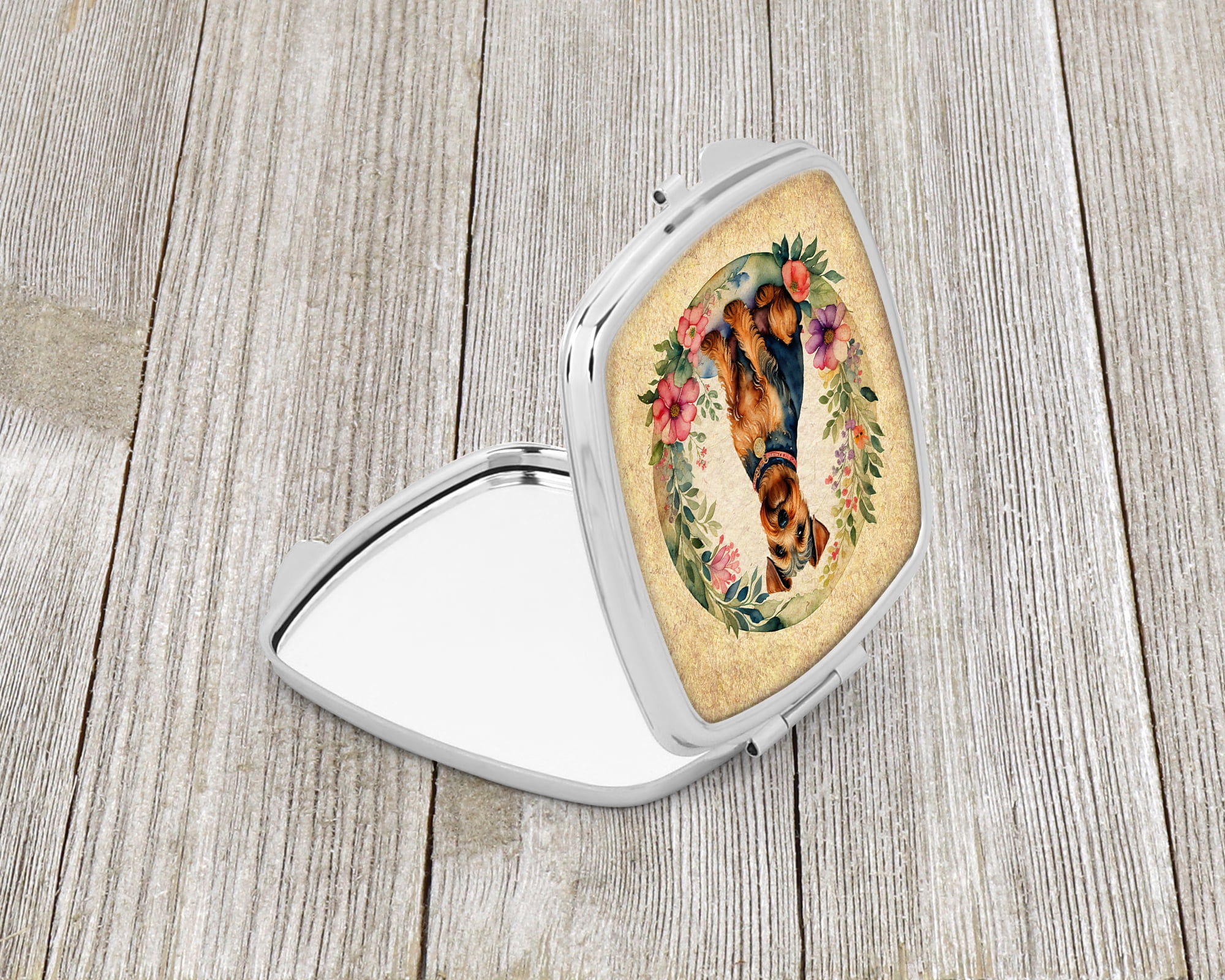 Welsh Terrier and Flowers Compact Mirror 2.75 in x 3 in