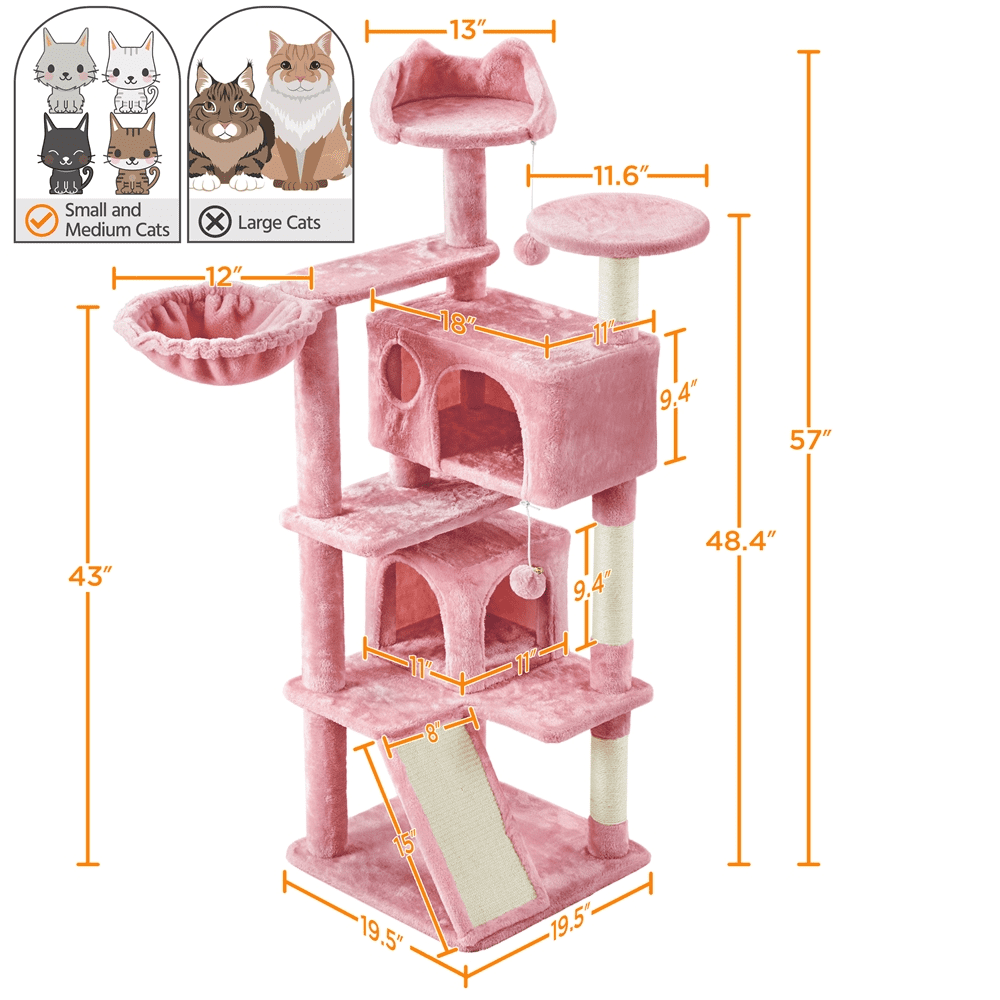 Alden Design 54" Double Condo Cat Tree with Scratching Post Tower, Pink