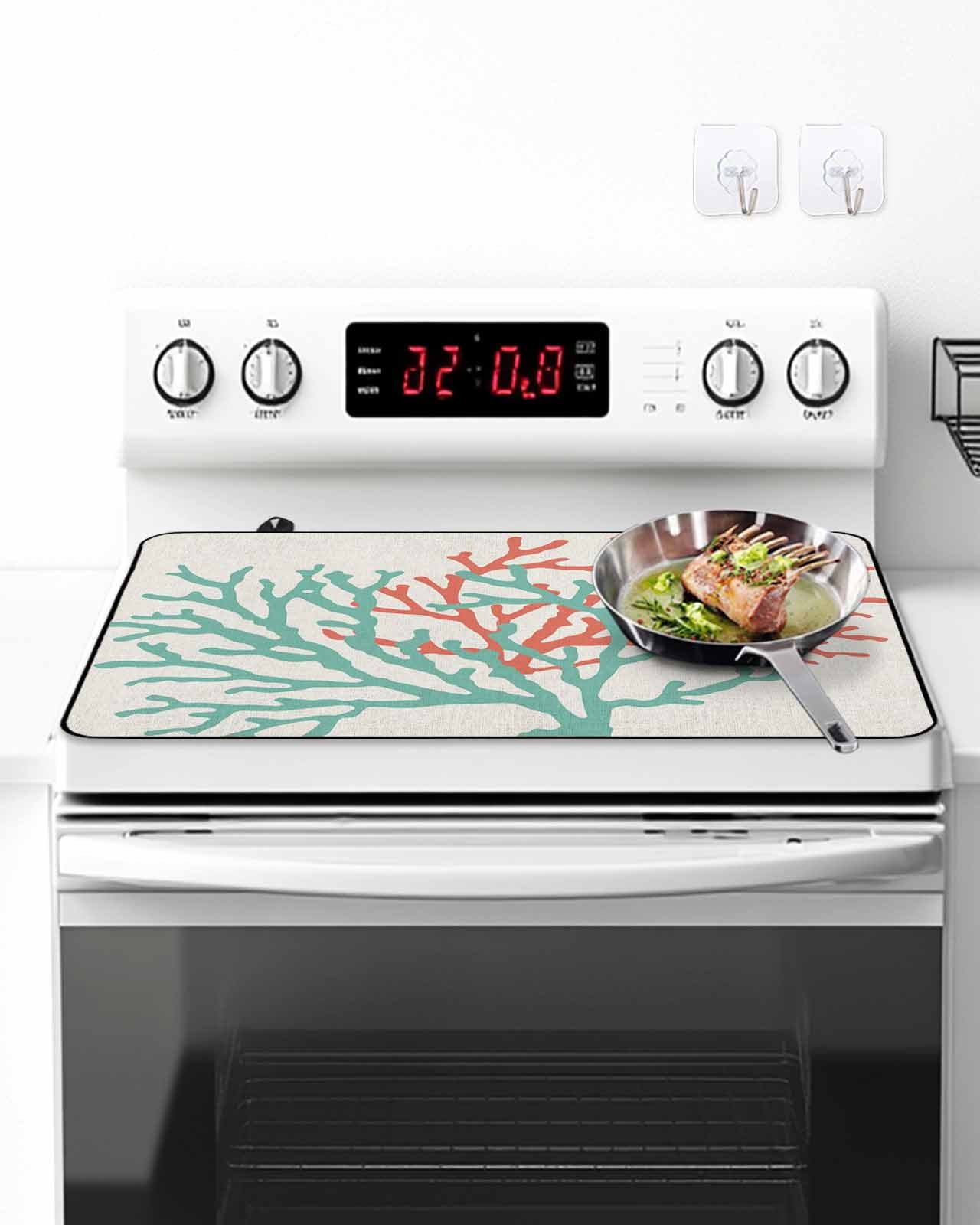 Stove Top Covers for Electric Stove, Teal Red Coral Glass Stovetop Cover Protector, Summer Ocean Nautical Coastal Rustic Burlap Induction Cooktop Protector Oven Mat for Kitchen Countertop 24"x21"