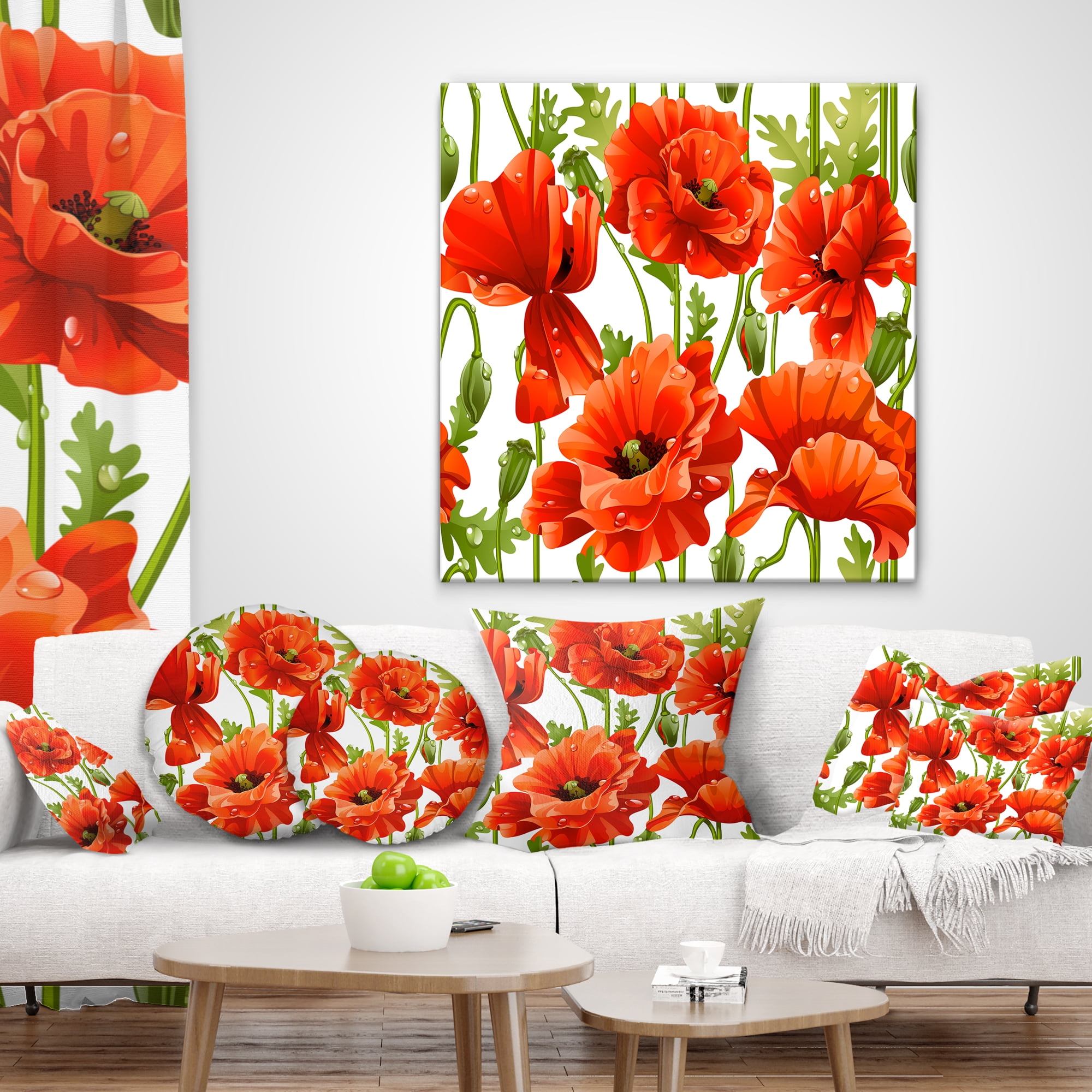 Designart Seamless Pattern of Red Poppies - Floral Throw Pillow - 16x16