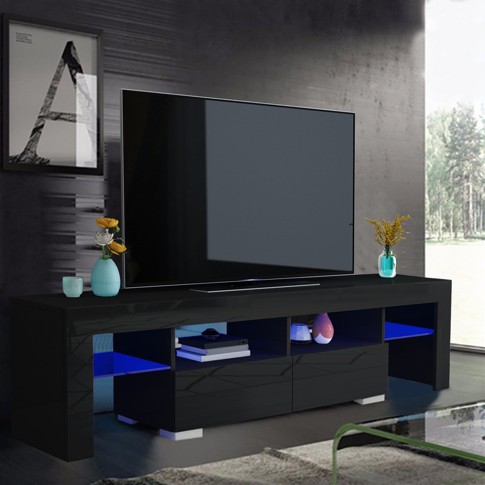 63" High Gloss TV Stand Cabinet Console Unit Furniture with LED Shelve 2 Drawers 