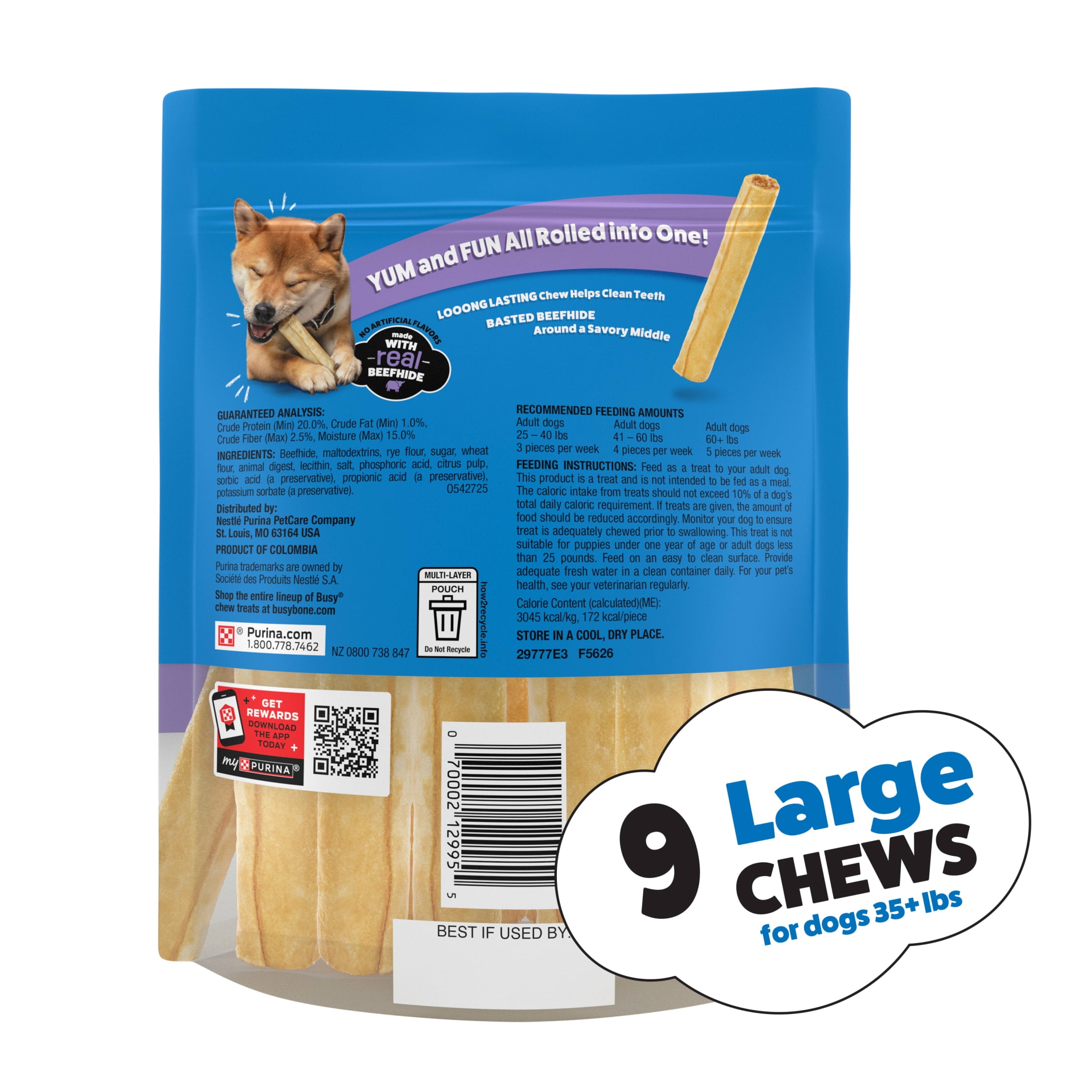 (3 pack) Purina Busy Rollhide Rawhide Dog Treats for Large Dogs Made with Real Beefhide, 12 oz, 5 Pack