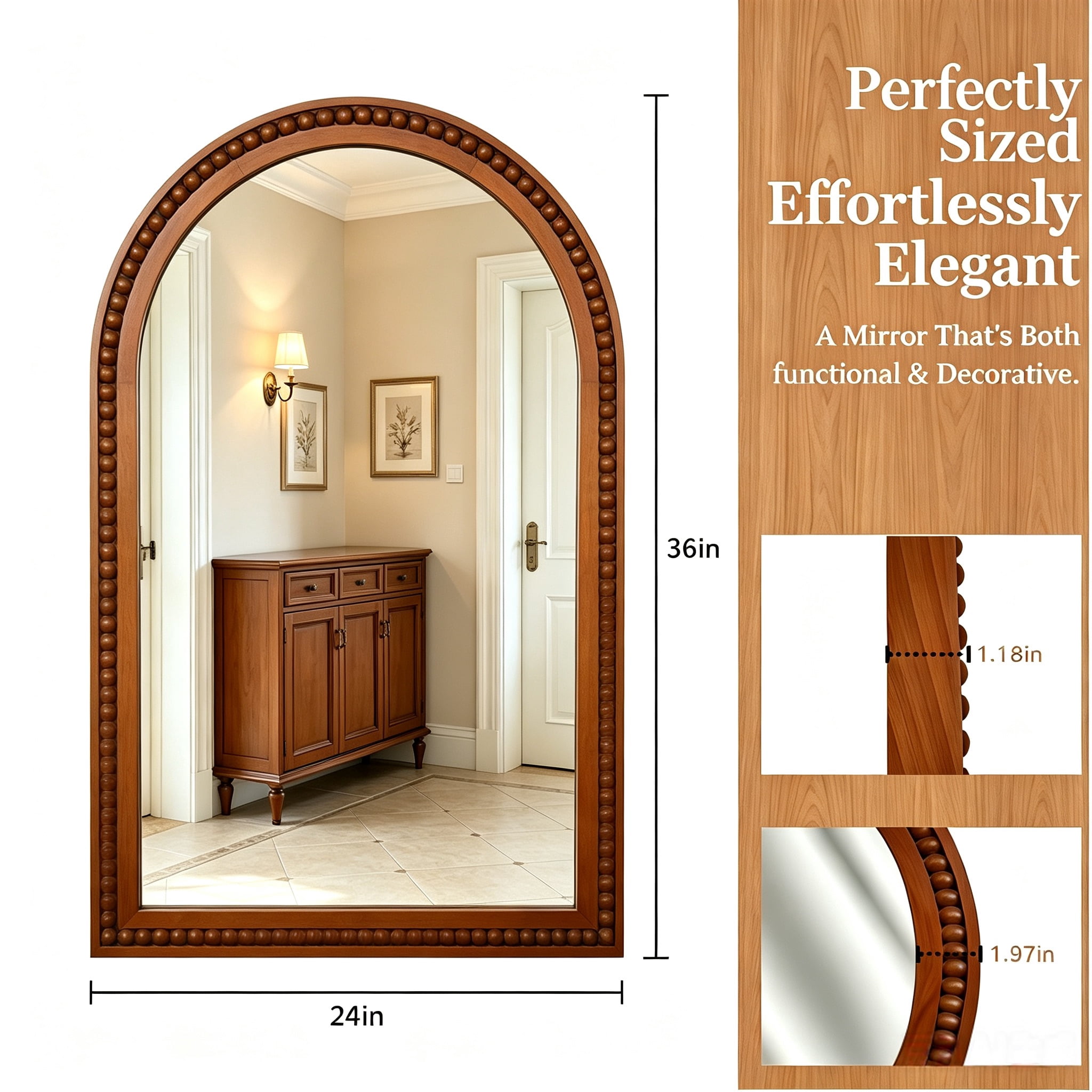 24x36 Inch Arch Wall Mirror With Beaded Solid Wood Frame, Rustic Farmhouse Decor Mirror for Entryway, Bathroom & Living Room, Dark Walnut Color