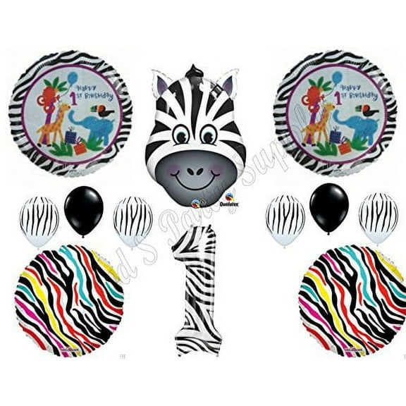 ZEBRA 1st FIRST Happy Birthday Balloons Decoration Supplies Party Zoo Safari