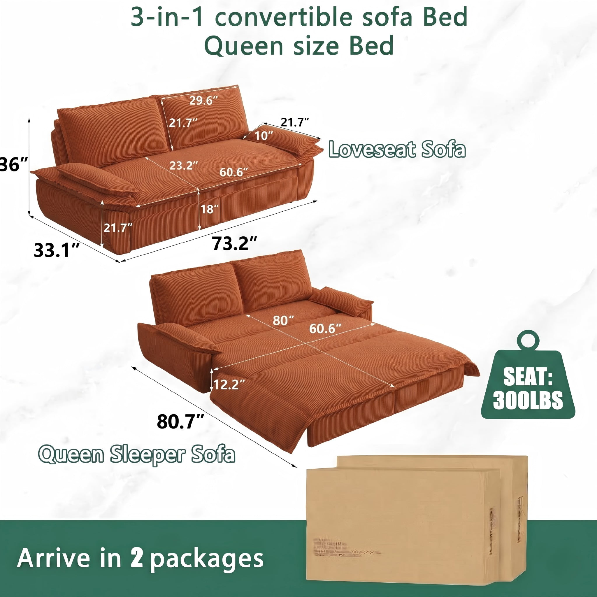 Multi-Functional Corduroy Convertible 3-in-1 Sofa Bed, Queen Size Loveseat Sleeper Couch, Orange