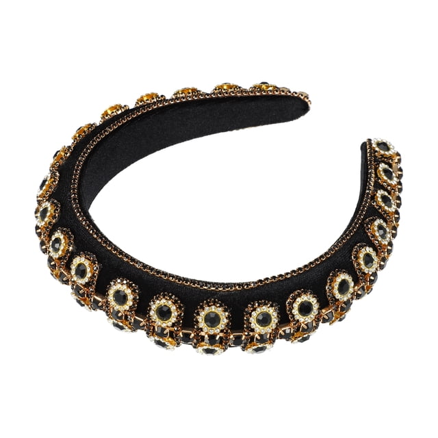Diadema con diamantes de imitación ostentosos Diadema de borde ancho de franela negra con diamantes de imitación de doble capa para mujer 5.71 x1.30