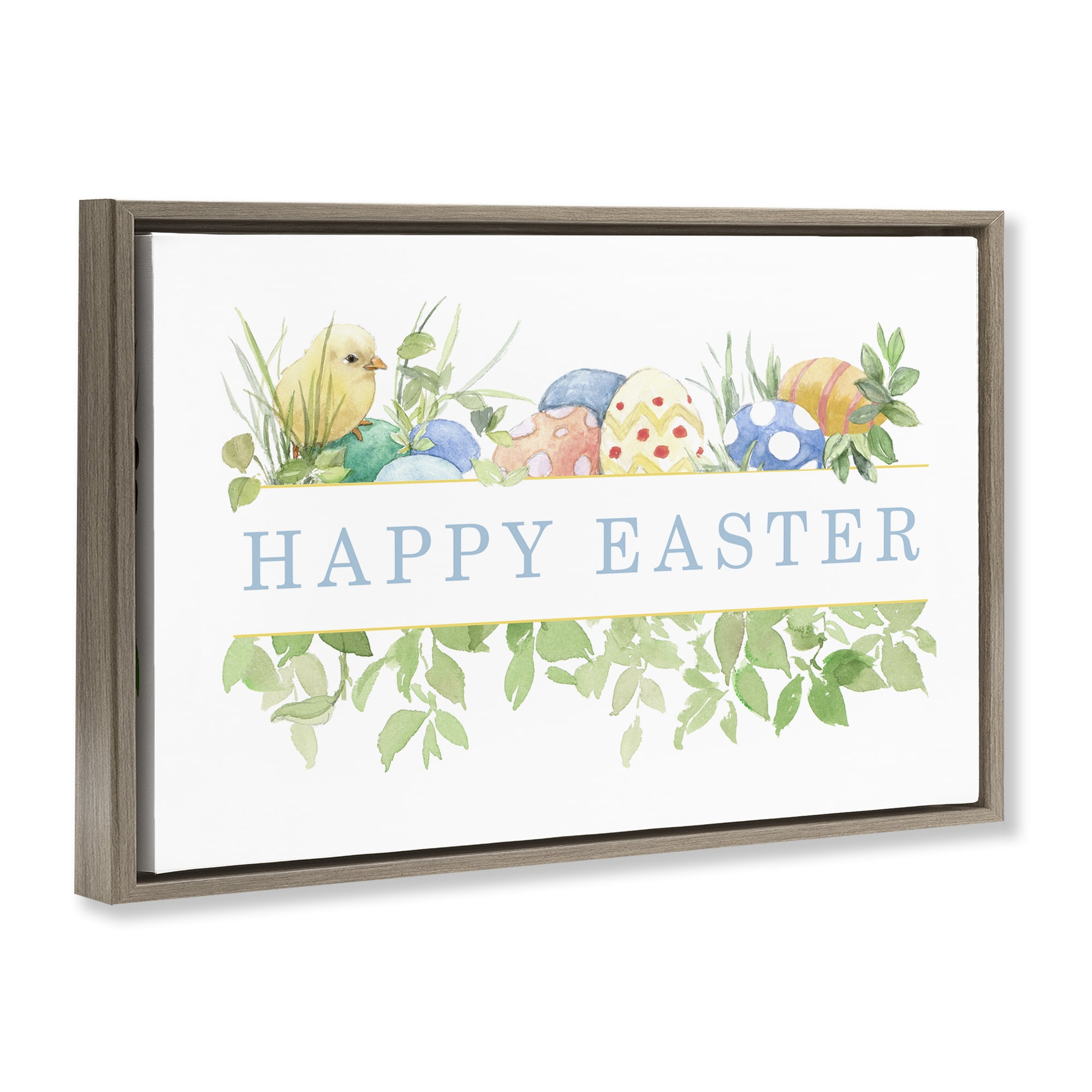 Stupell Industries Floral Happy Easter Holiday Painting Brown Floater Framed Canvas Art Print Wall Art, 31 x 21