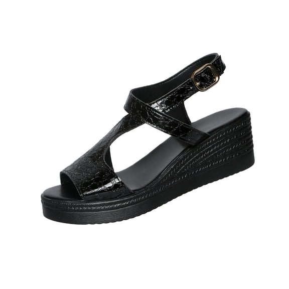 KIJBLAE Women's Plus Size Croc-Embossed Wedge Sandals Comfort Platform Footwear Peep Toe with Buckle Black 36