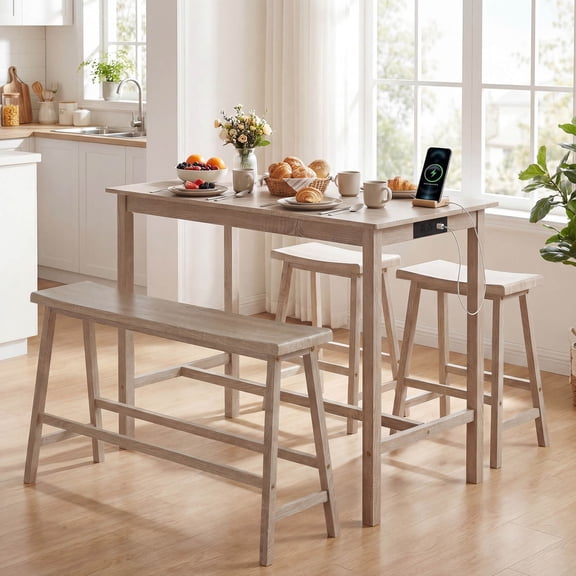 Costway 4 PCS Counter Height Dining Table Set with Power Outlet Saddle Backless Bench Stools Light Gray