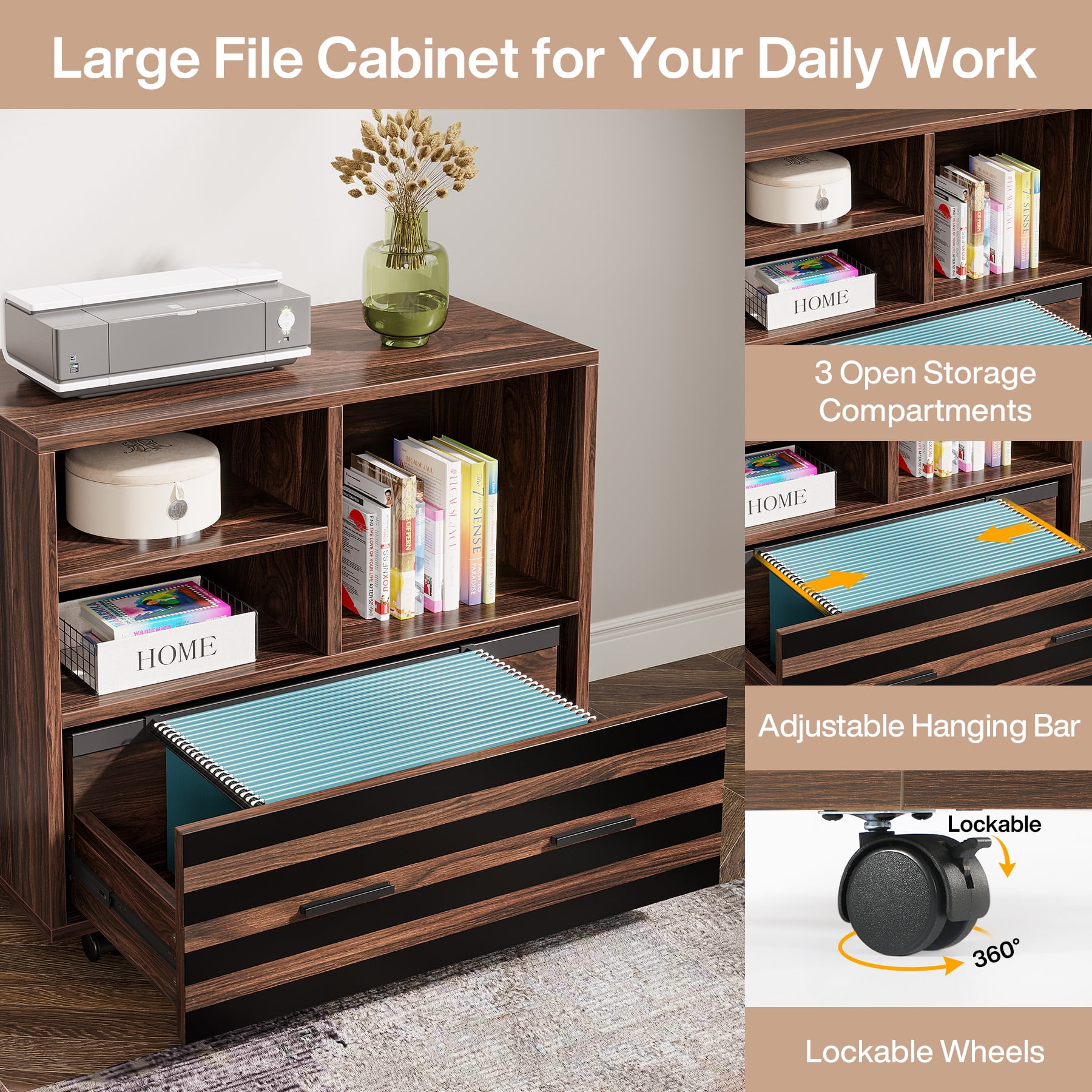 Tribesigns 62.2" Executive Desk with Mobile File Cabinet, L-Shaped Office Desk with Storage Shelves, Large Computer Desk Business Workstation Set for Home Office, Dark Brown