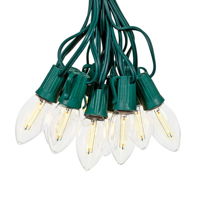 Novelty Lights 25 Feet LED C9 String Lights, Transparent Warm White, 25 Bulbs with 12 Inch Spacing on Green Wire, Connect Up To 43 Strings Together, Shatterproof and Weather Resistant Removable Bulbs