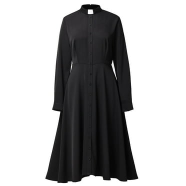 GRACEART Church Clergy Dress for Women Long Sleeve Rows Buttons A Line Dress with Tab Collar