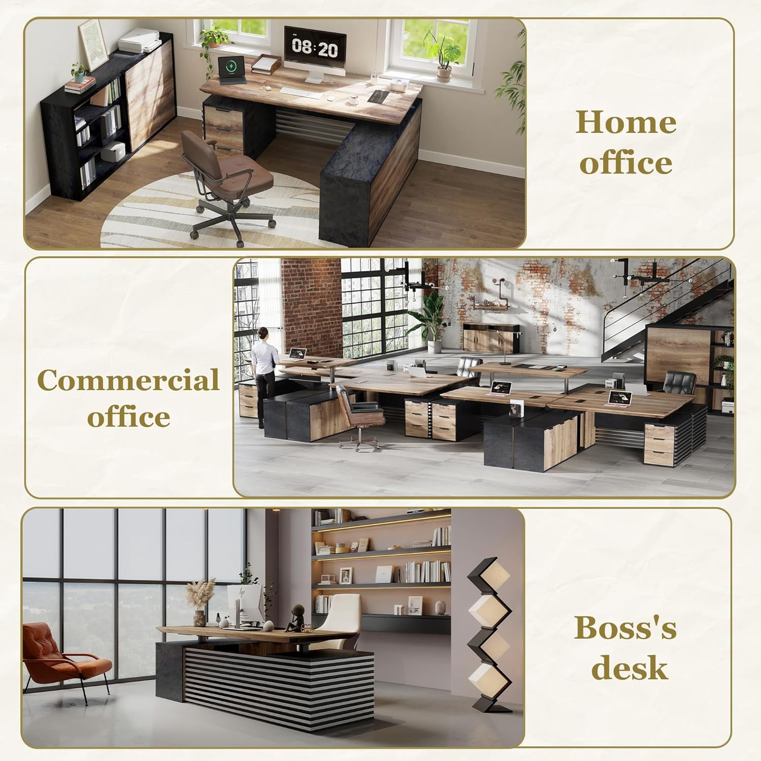 86.61inch L Shaped Adjustable Height Executive Desk with Cabinet