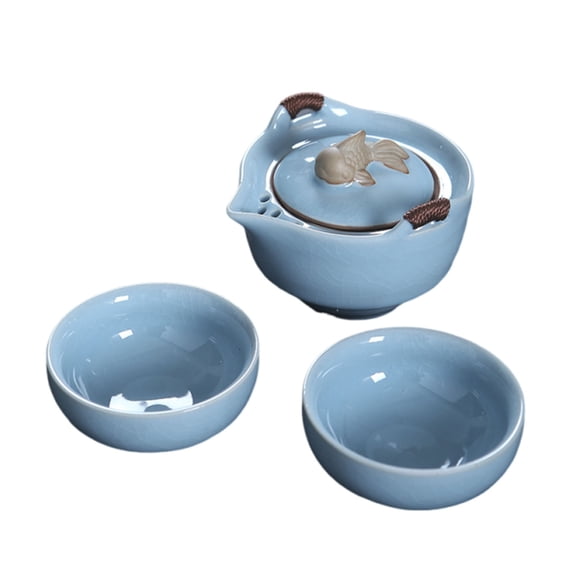 Chinese Kung Fu Tea Set, Porcelain Tea Service, Portable Travel Tea Cup Handmade Engraved Celadon 2 Cups with Teapot Tea Ceremony Teaware Sets