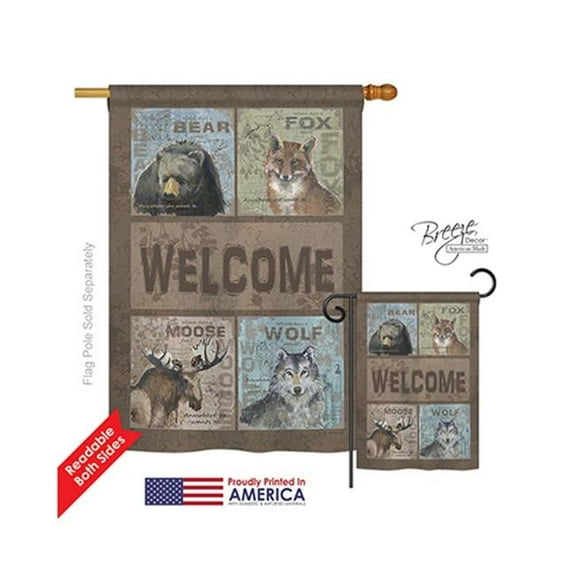 Breeze Decor 10001 Wildlife & Lodge Wilderness Welcome 2-Sided Vertical Impression House Flag - 28 x 40 in.