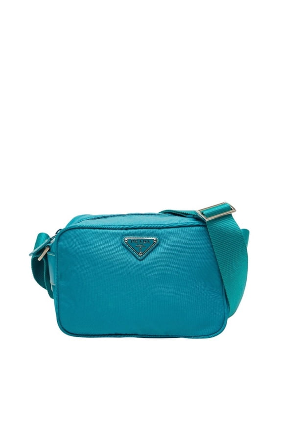Pre-Owned Prada Triangle Logo Plate Shoulder Bag BT0658 Turquoise Blue Nylon Women's PRADA
