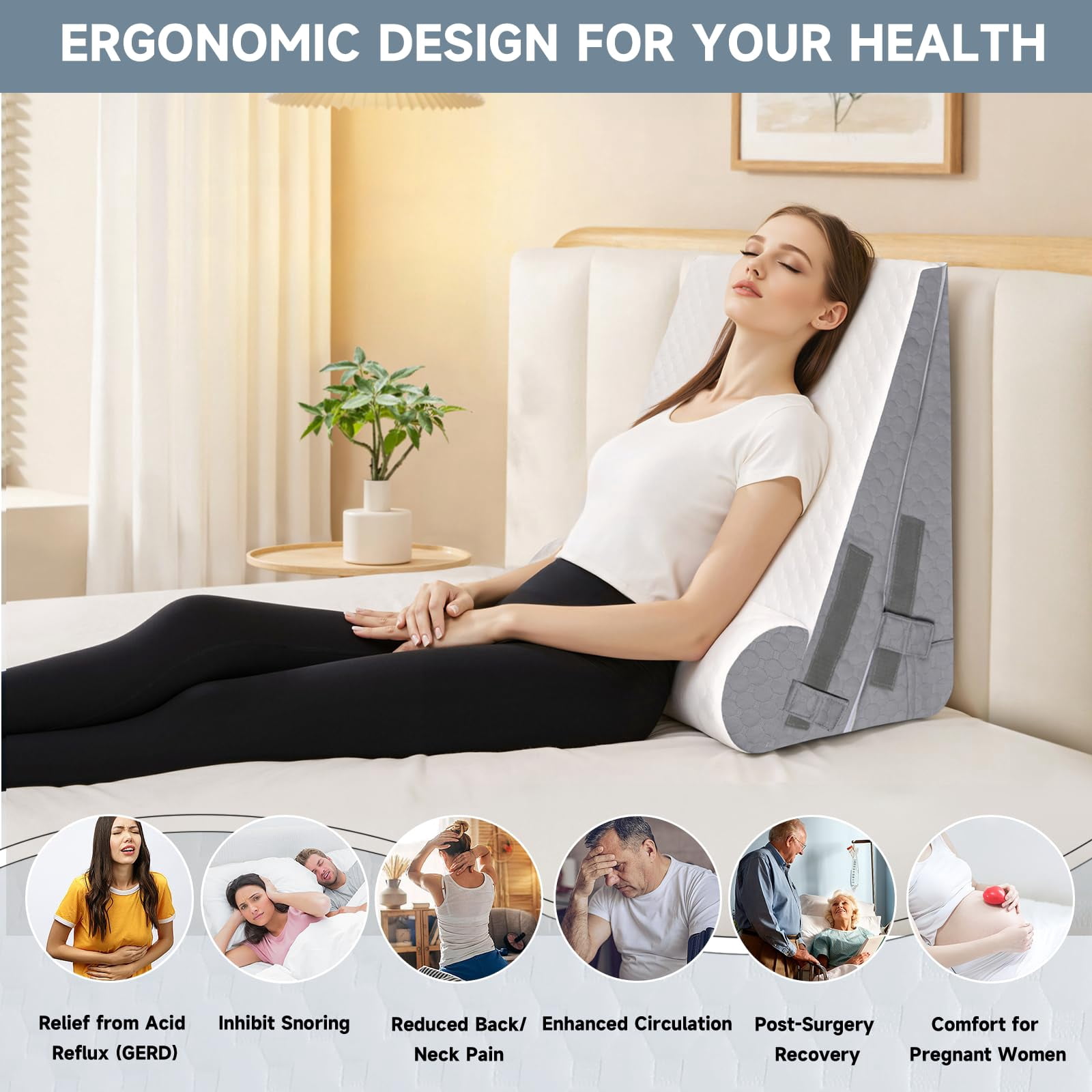 Bed Wedge Pillow For Sleeping  3 Adjustable Height 4.5&7.5&12 Inch Triangle Acid Reflux (dark Gray)