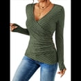 thumbnail image 3 of Camisa de Larga para Mujer, Cuello en V, Punto Acanalado, Suéter Ajustado con Botones, Blusa Informal de Trabajo para Otoño Verde L, 3 of 9