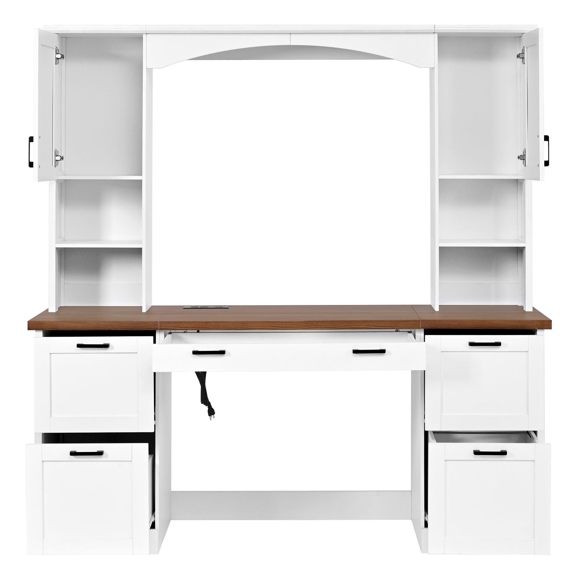 Farmhouse Arched Computer Desk with Hutch, Mid-Century Walnut Home Office Workstation with Charging Station & Keyboard Tray, All-in-One Writing Desk with File Drawer for Study, Office, White