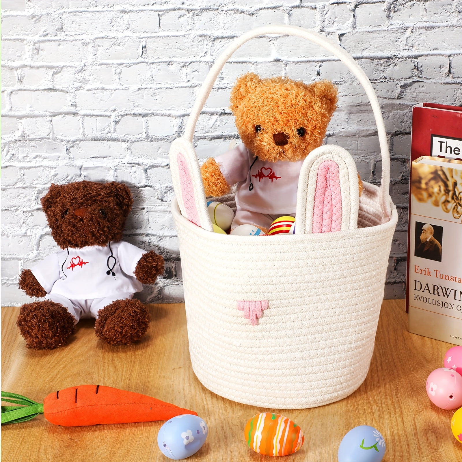 3Pcs Cute Easter Basket, Easter Bunny Basket Woven Rope 7.9 inch White Shelf Storage, Bunny Easter Basket for Egg Hunt Party Favors Spring Holiday Gifts and Home Decoration