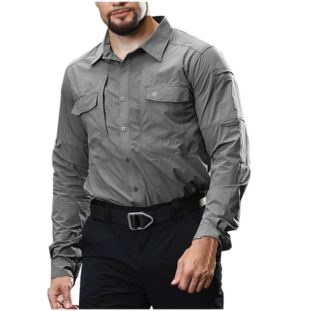 Blusa y camisa de manga larga con cuello vuelto para hombre, estilo casual, de color liso, con botones y bolsillos, de poliéster.