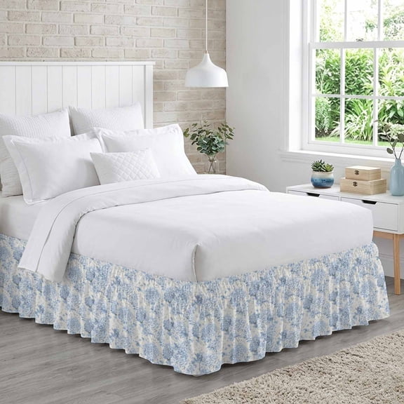 Blue Hydrangea Bed Skirt King Size 16" Drop Spring Flower Leaf Adjustable & Elastic Wrap Around Bed Skirts Pleated Dust Ruffles