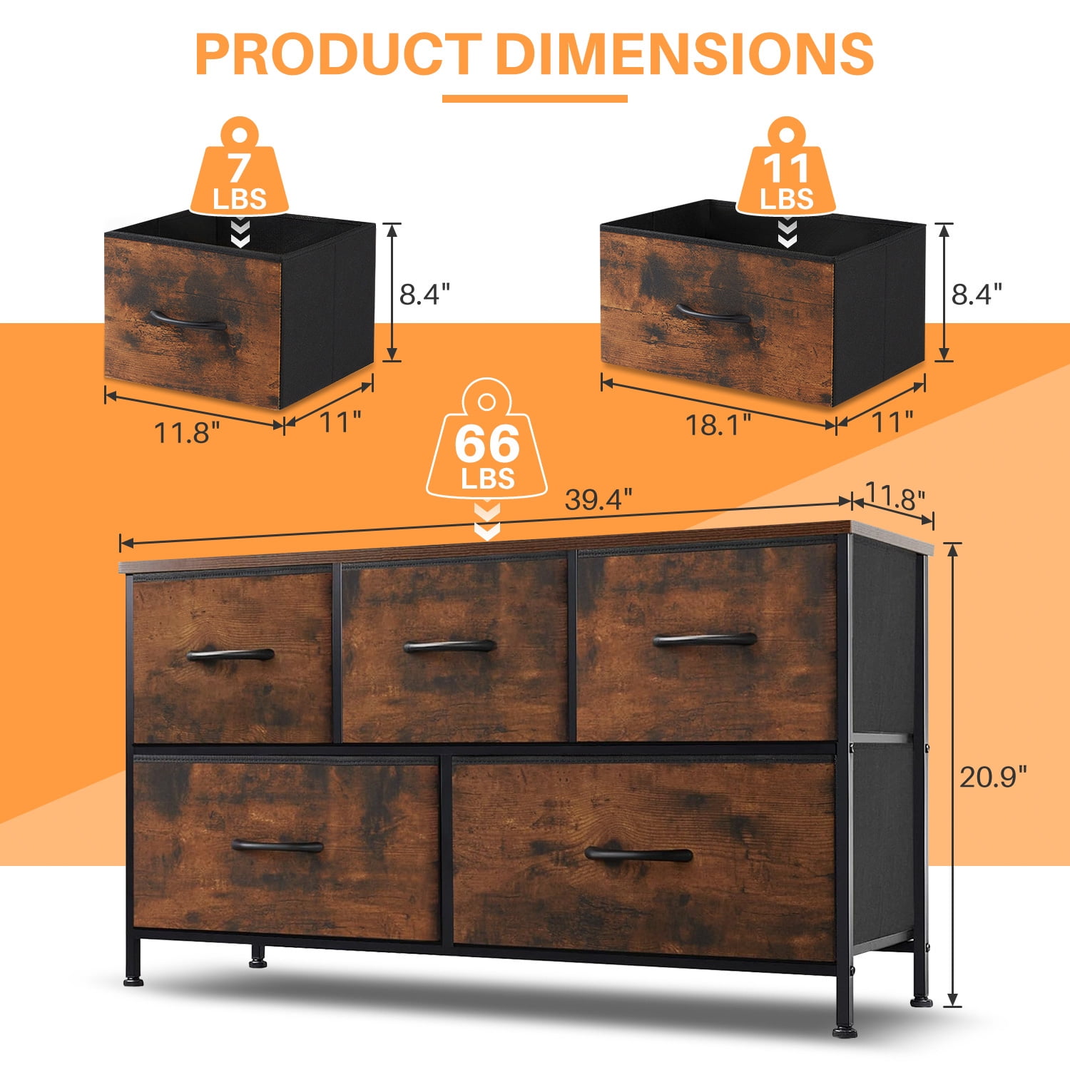 Simenmax 5 Dresser for Bedroom, 5 Storage Drawers, Wide Fabric Closet Chests Organizer Tower Furniture with Wooden Top Metal Frame for Clothes, Room, Living Room, Hallway, Entryway, Brown