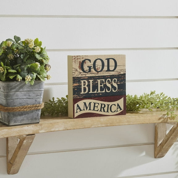 VHC Brands Patriotic God Bless America Blue Red MDF Block Sign 6x6x1, Independence Day Decor, Decorative Sign, Rustic Farmhouse Fourth of July Decorations, Tan, Navy Blue, Burgundy