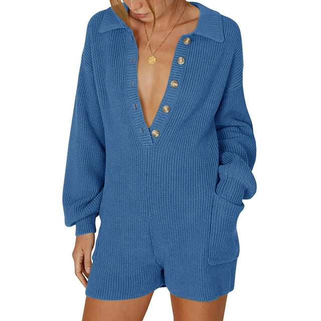 xiaxaixu Women’s Ribbed Knit Rompers Long Sleeve Solid Color Button Down Jumpsuit Shorts Loungewear