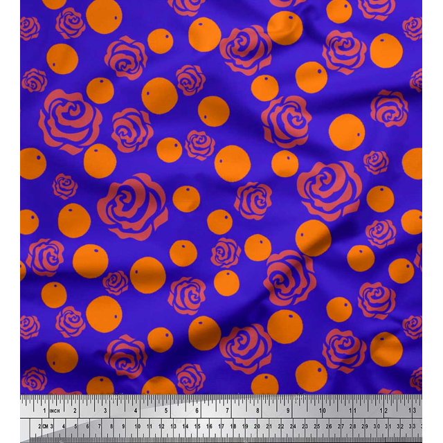 Soimoi Blue polyester Crepe Fabric Artistic Flower & Dots Printed Fabric 1 Yard 52 Inch Wide